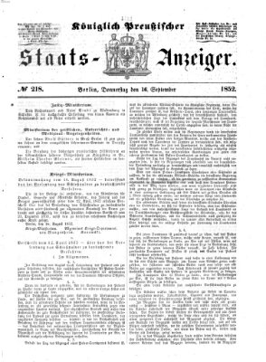 Königlich Preußischer Staats-Anzeiger (Allgemeine preußische Staats-Zeitung) Donnerstag 16. September 1852