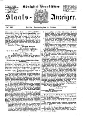 Königlich Preußischer Staats-Anzeiger (Allgemeine preußische Staats-Zeitung) Donnerstag 14. Oktober 1852
