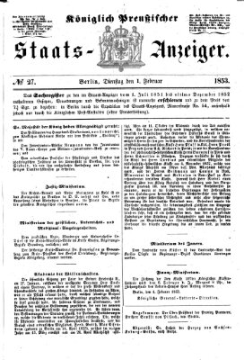 Königlich Preußischer Staats-Anzeiger (Allgemeine preußische Staats-Zeitung) Dienstag 1. Februar 1853