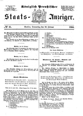 Königlich Preußischer Staats-Anzeiger (Allgemeine preußische Staats-Zeitung) Donnerstag 16. Februar 1854