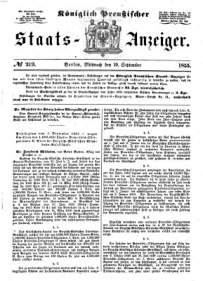 Königlich Preußischer Staats-Anzeiger (Allgemeine preußische Staats-Zeitung) Mittwoch 19. September 1855