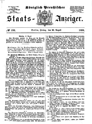Königlich Preußischer Staats-Anzeiger (Allgemeine preußische Staats-Zeitung) Freitag 20. August 1858