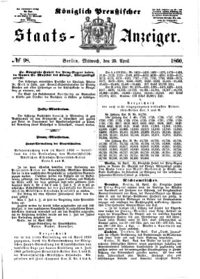 Königlich Preußischer Staats-Anzeiger (Allgemeine preußische Staats-Zeitung) Mittwoch 25. April 1860