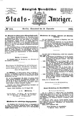 Königlich Preußischer Staats-Anzeiger (Allgemeine preußische Staats-Zeitung) Samstag 13. September 1862