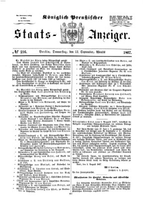Königlich Preußischer Staats-Anzeiger (Allgemeine preußische Staats-Zeitung) Donnerstag 12. September 1867