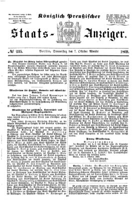 Königlich Preußischer Staats-Anzeiger (Allgemeine preußische Staats-Zeitung) Donnerstag 7. Oktober 1869