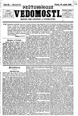 Pešťkbudínske vedomosti Freitag 25. April 1862