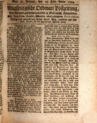 Augsburgische Ordinari Postzeitung von Staats-, gelehrten, historisch- u. ökonomischen Neuigkeiten (Augsburger Postzeitung) Freitag 28. Februar 1794