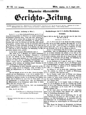 Allgemeine österreichische Gerichts-Zeitung Samstag 2. August 1862
