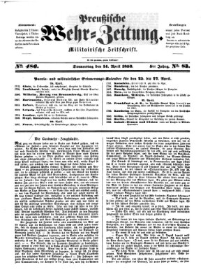 Preußische Wehr-Zeitung Donnerstag 14. April 1853