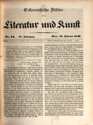 Österreichische Blätter für Literatur und Kunst, Geschichte, Geographie, Statistik und Naturkunde Samstag 21. Februar 1846