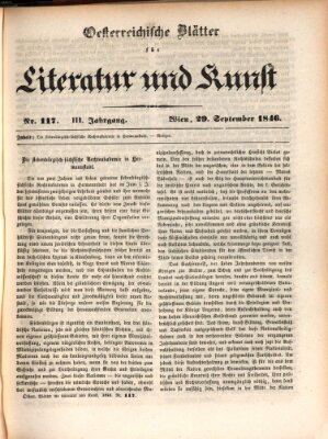Österreichische Blätter für Literatur und Kunst, Geschichte, Geographie, Statistik und Naturkunde Dienstag 29. September 1846