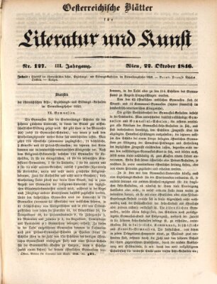 Österreichische Blätter für Literatur und Kunst, Geschichte, Geographie, Statistik und Naturkunde Donnerstag 22. Oktober 1846
