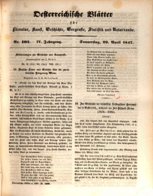 Österreichische Blätter für Literatur und Kunst, Geschichte, Geographie, Statistik und Naturkunde Donnerstag 29. April 1847