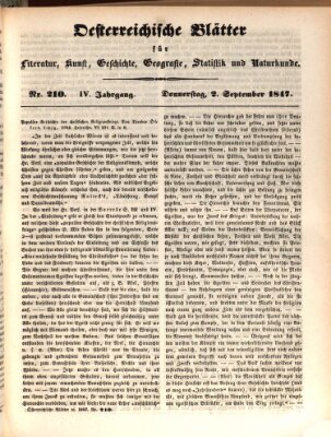 Österreichische Blätter für Literatur und Kunst, Geschichte, Geographie, Statistik und Naturkunde Donnerstag 2. September 1847