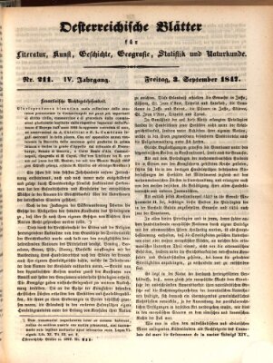 Österreichische Blätter für Literatur und Kunst, Geschichte, Geographie, Statistik und Naturkunde Freitag 3. September 1847