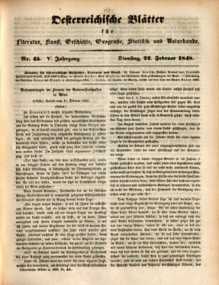 Österreichische Blätter für Literatur und Kunst, Geschichte, Geographie, Statistik und Naturkunde Dienstag 22. Februar 1848