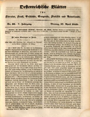 Österreichische Blätter für Literatur und Kunst, Geschichte, Geographie, Statistik und Naturkunde Montag 17. April 1848