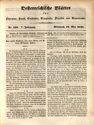 Österreichische Blätter für Literatur und Kunst, Geschichte, Geographie, Statistik und Naturkunde Mittwoch 17. Mai 1848