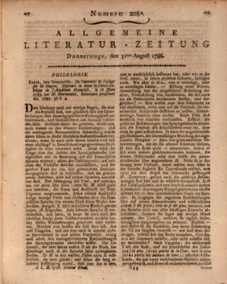 Allgemeine Literatur-Zeitung (Literarisches Zentralblatt für Deutschland) Donnerstag 31. August 1786