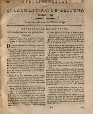 Allgemeine Literatur-Zeitung (Literarisches Zentralblatt für Deutschland) Samstag 21. Februar 1789