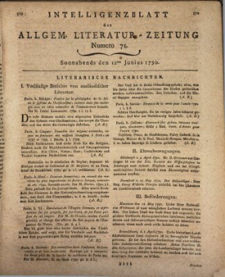 Allgemeine Literatur-Zeitung (Literarisches Zentralblatt für Deutschland) Samstag 12. Juni 1790