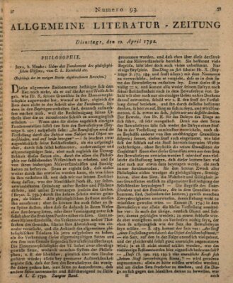Allgemeine Literatur-Zeitung (Literarisches Zentralblatt für Deutschland) Dienstag 10. April 1792