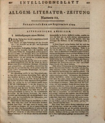 Allgemeine Literatur-Zeitung (Literarisches Zentralblatt für Deutschland) Samstag 27. September 1794