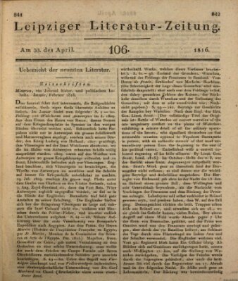 Leipziger Literaturzeitung Dienstag 30. April 1816