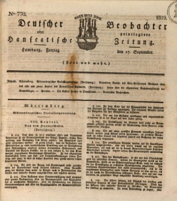 Deutscher Beobachter oder privilegirte hanseatische Zeitung Freitag 17. September 1819