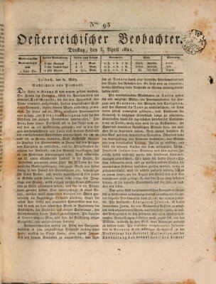 Der Oesterreichische Beobachter Dienstag 3. April 1821