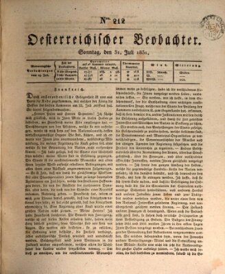 Der Oesterreichische Beobachter Sonntag 31. Juli 1831