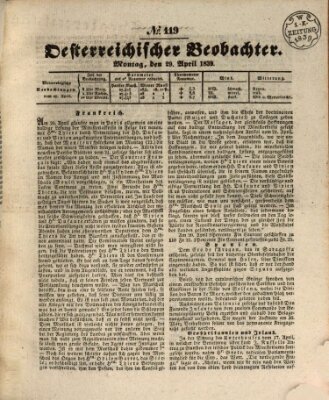 Der Oesterreichische Beobachter Montag 29. April 1839