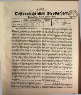 Der Oesterreichische Beobachter Donnerstag 16. Januar 1840