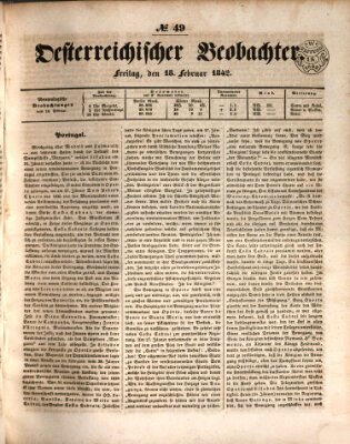 Der Oesterreichische Beobachter Freitag 18. Februar 1842