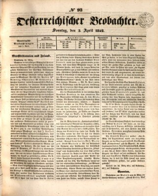 Der Oesterreichische Beobachter Sonntag 3. April 1842