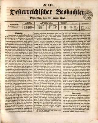 Der Oesterreichische Beobachter Donnerstag 21. April 1842