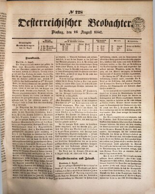 Der Oesterreichische Beobachter Dienstag 16. August 1842