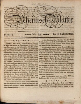 Rheinische Blätter Dienstag 19. September 1820