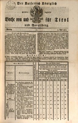 Kaiserlich-Königlich privilegirter Bothe von und für Tirol und Vorarlberg Montag 2. Juli 1821