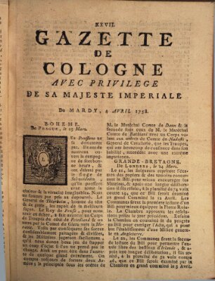 Gazette de Cologne Dienstag 4. April 1758