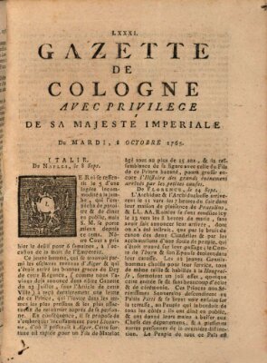 Gazette de Cologne Dienstag 8. Oktober 1765