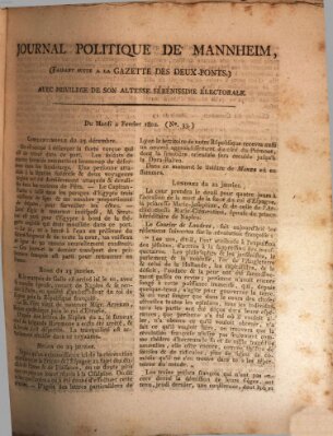 Journal politique de Mannheim (Gazette des Deux-Ponts) Dienstag 2. Februar 1802