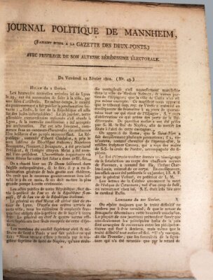 Journal politique de Mannheim (Gazette des Deux-Ponts) Freitag 12. Februar 1802