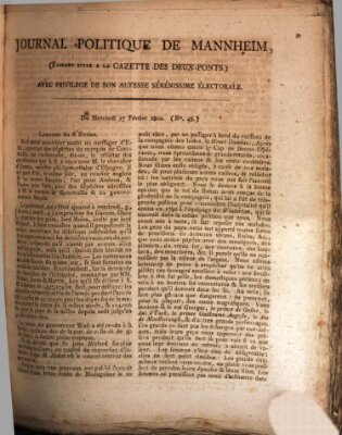 Journal politique de Mannheim (Gazette des Deux-Ponts) Mittwoch 17. Februar 1802