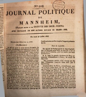 Journal politique de Mannheim (Gazette des Deux-Ponts) Donnerstag 28. Juli 1808