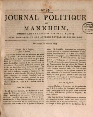 Journal politique de Mannheim (Gazette des Deux-Ponts) Samstag 18. Februar 1809