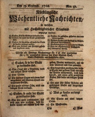 Nördlingische wöchentliche Nachrichten (Intelligenzblatt der Königlich Bayerischen Stadt Nördlingen) Freitag 19. September 1766