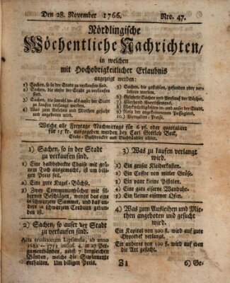 Nördlingische wöchentliche Nachrichten (Intelligenzblatt der Königlich Bayerischen Stadt Nördlingen) Freitag 28. November 1766