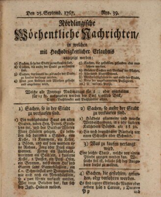 Nördlingische wöchentliche Nachrichten (Intelligenzblatt der Königlich Bayerischen Stadt Nördlingen) Freitag 25. September 1767